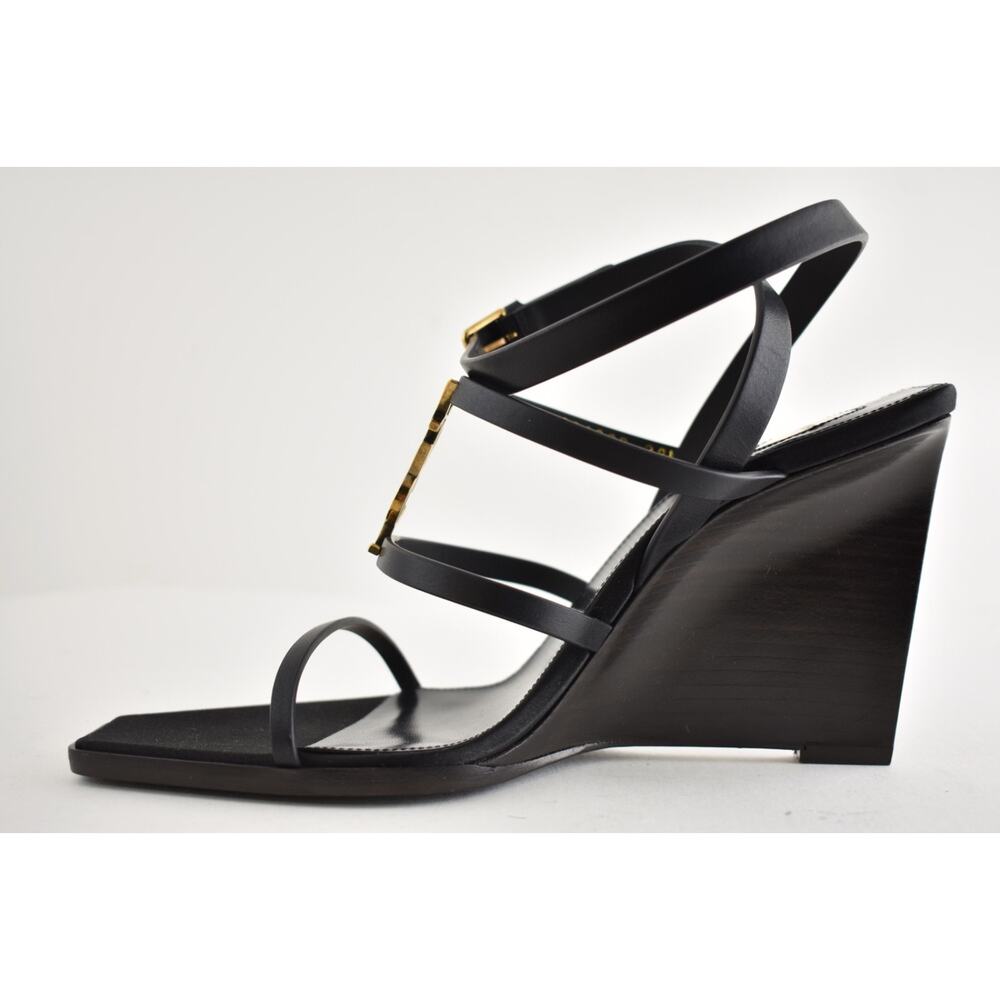 Saint Laurent YSL Logo Cassandra 90 Black Ankle Strap Wedge Sandal Heel 36.5 - Picture 12 of 16